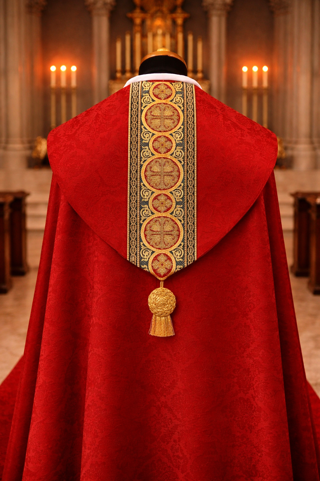 Red liturgical vestment with gold embroidery in a church setting