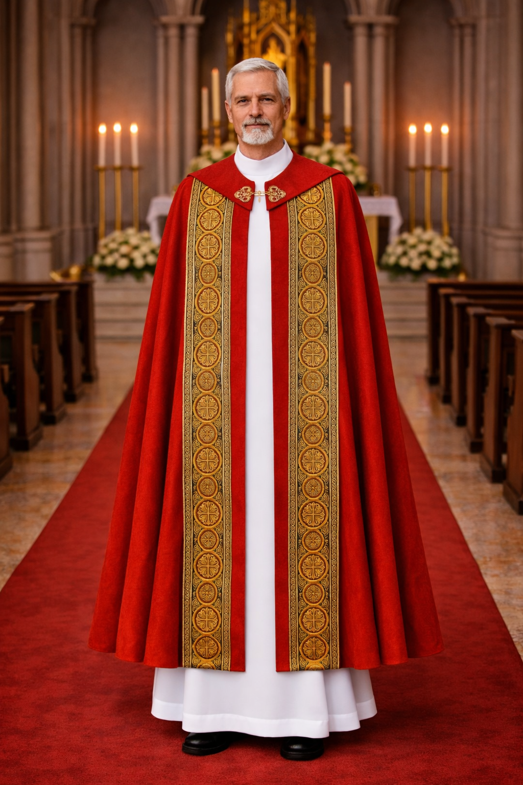 Priest in red and gold liturgical vestment standing in a church.