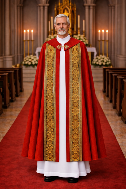 Priest in red and gold liturgical vestment standing in a church.