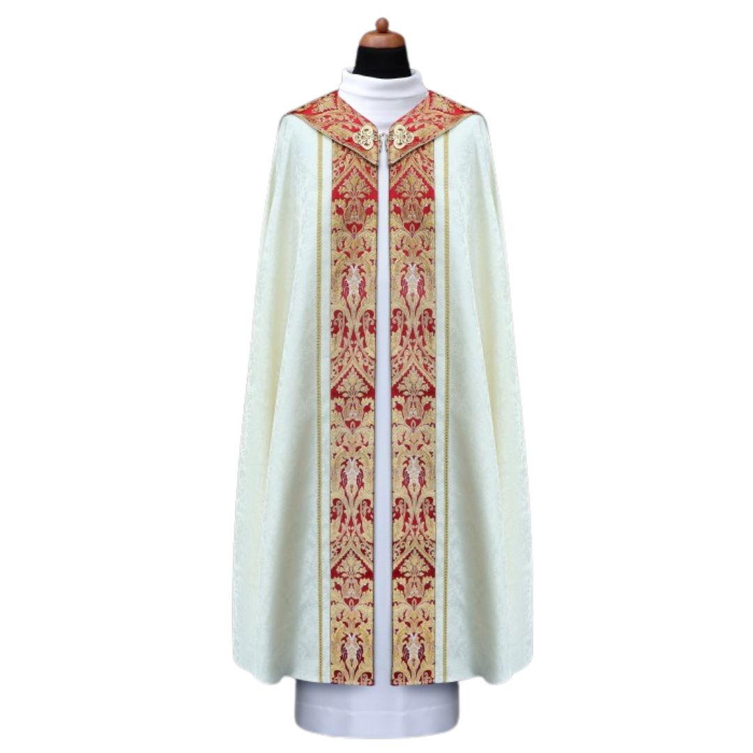 Cope made in lightweight damask adorned with a coronation style brocade with Tassel. Made in Poland and sold by The Clergy Store