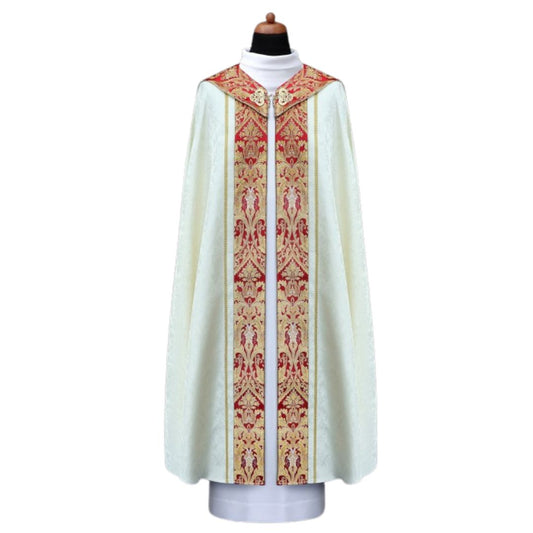 Cope made in lightweight damask adorned with a coronation style brocade with Tassel. Made in Poland and sold by The Clergy Store