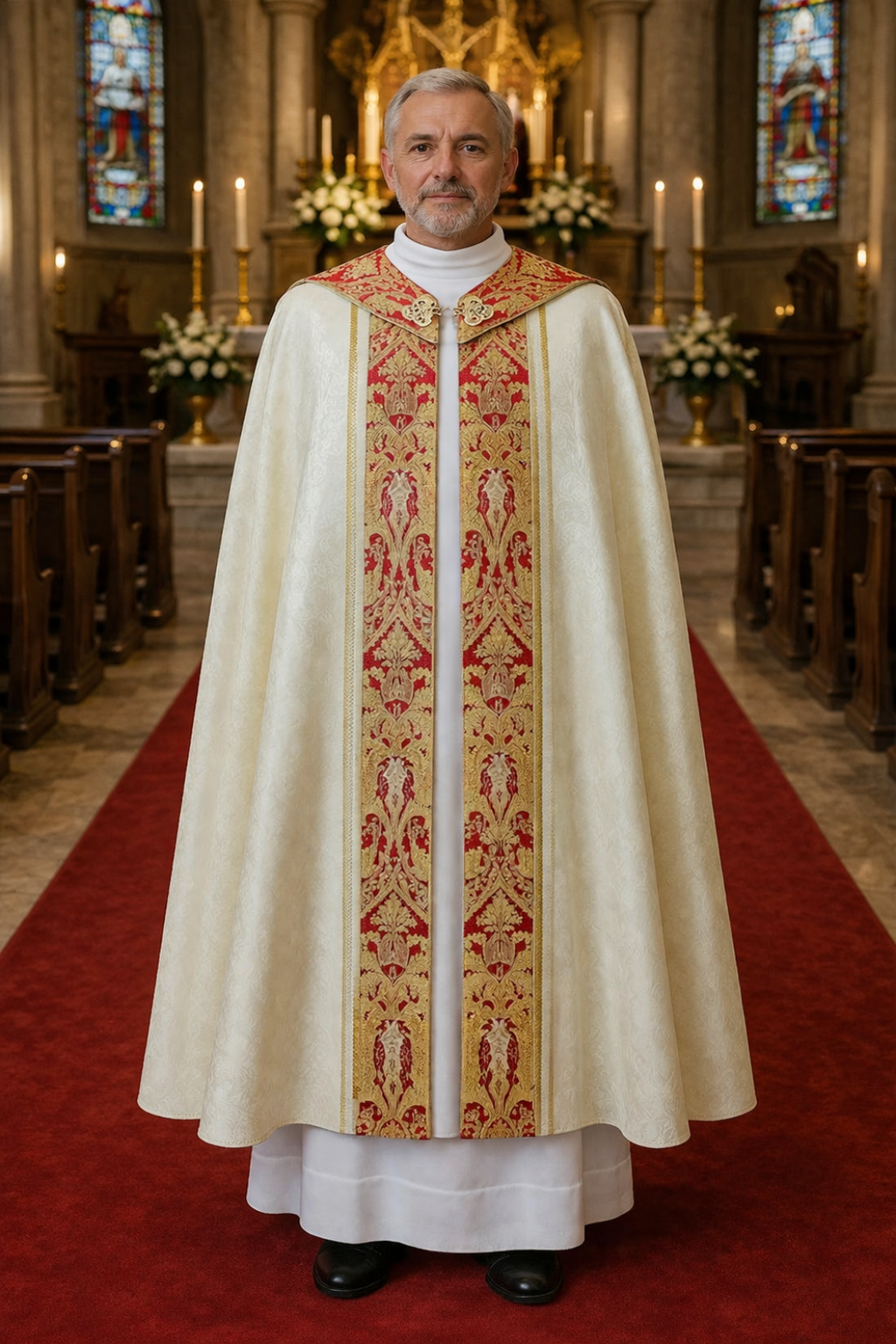 Priest in ornate liturgical vestment standing in a church aisle with stained glass windows and candles.