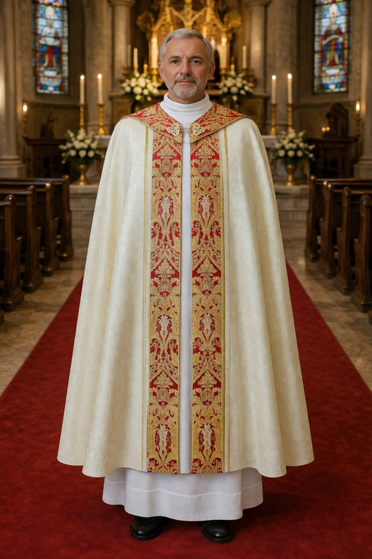 Priest in ornate liturgical vestment standing in a church aisle with stained glass windows and candles.