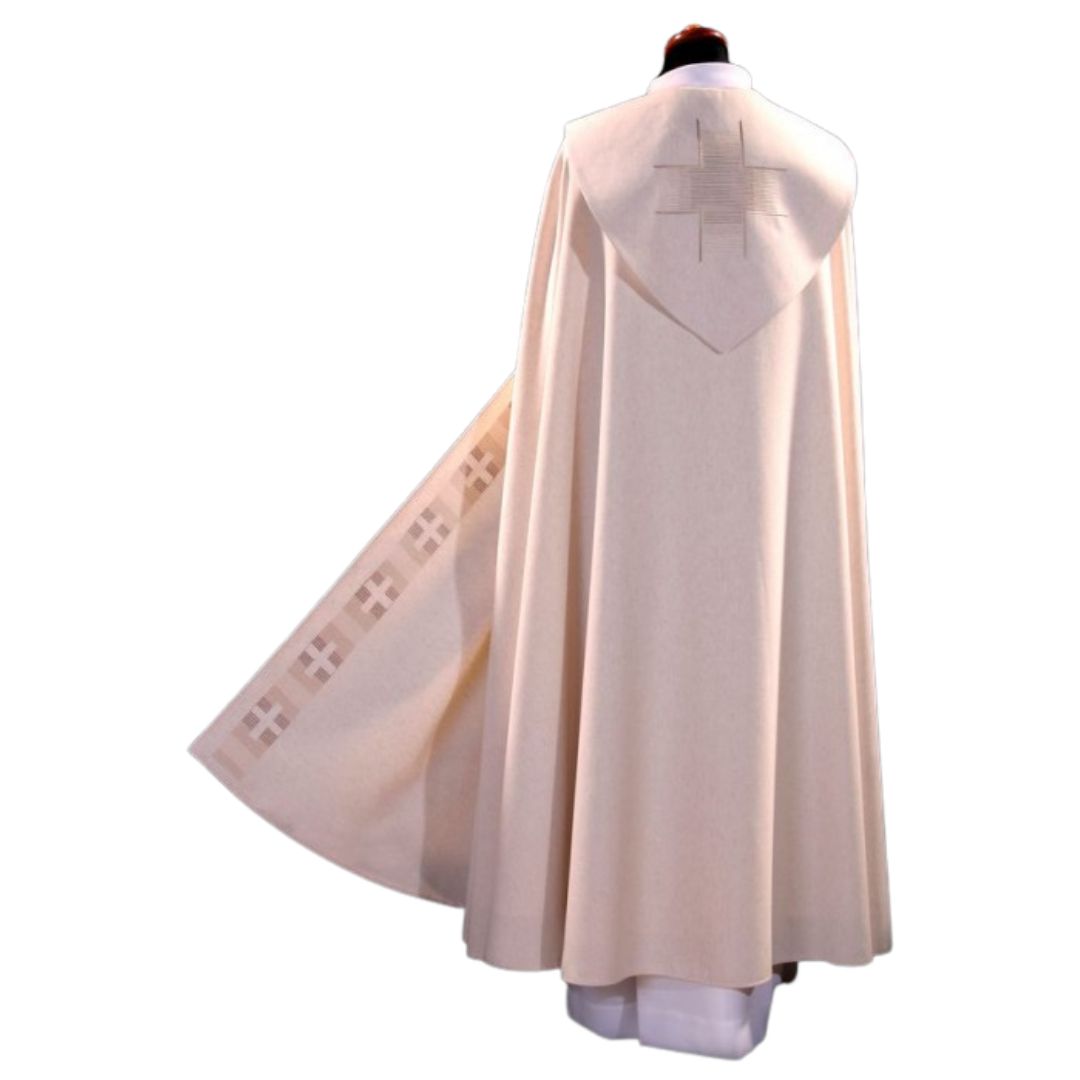 Liturgical cope vestment with modern cross. Made in Poland and sold by The Clergy Store