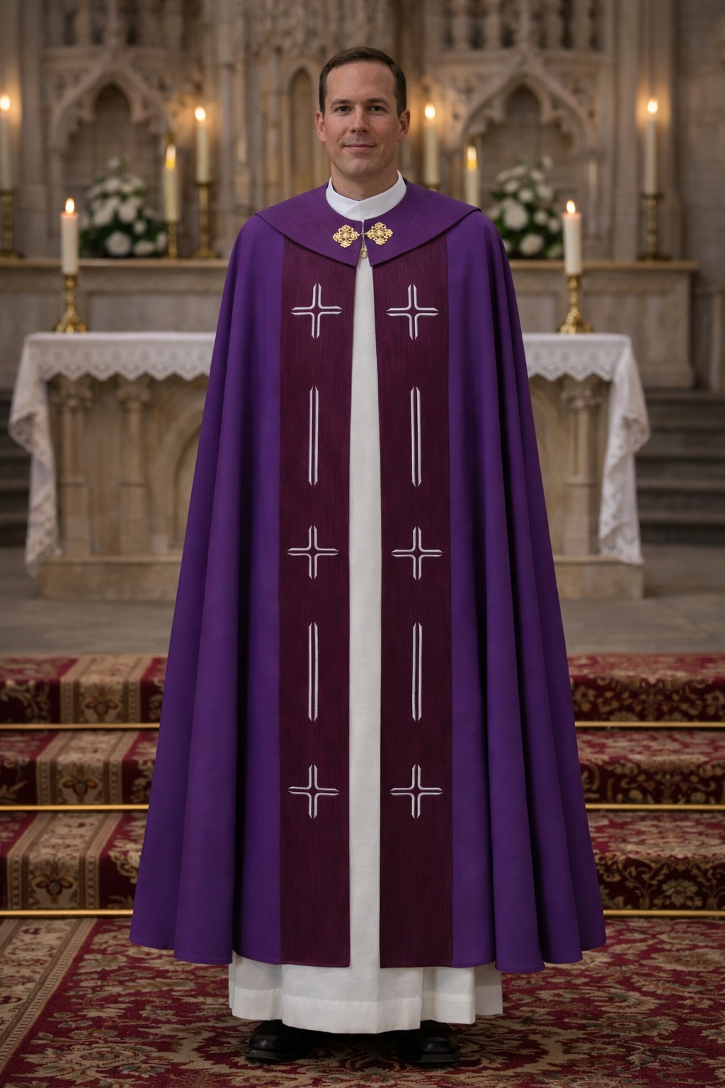 Priest in a purple cope standing in front of an altar with candles and flowers.