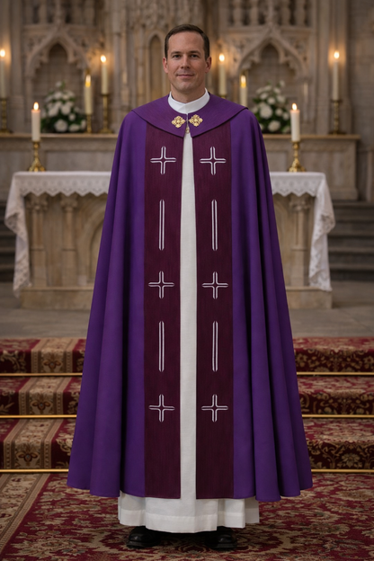 Priest in a purple cope standing in front of an altar with candles and flowers.