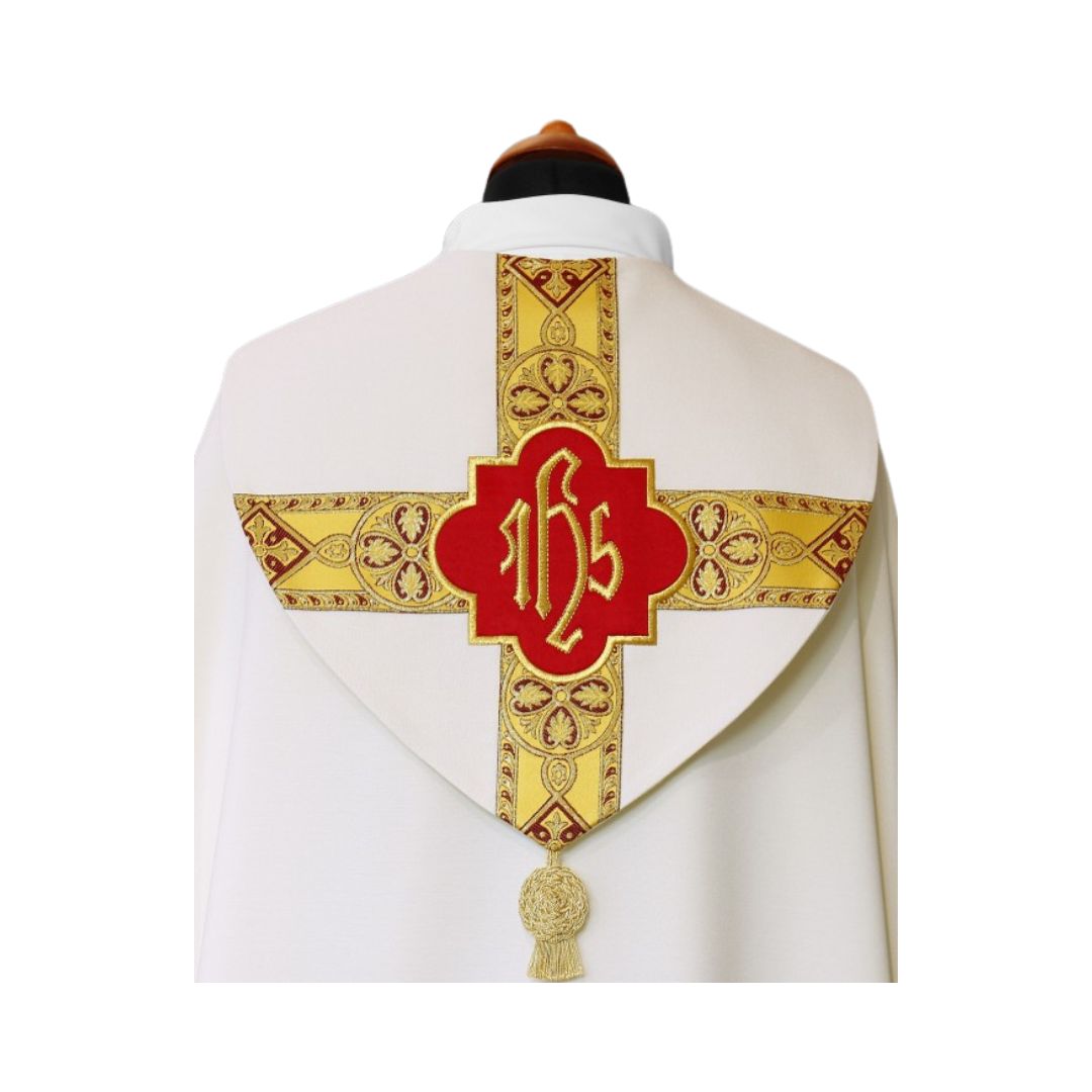 Cope with brocade bands and IHS embroidery made in Poland and sold by The Clergy Store