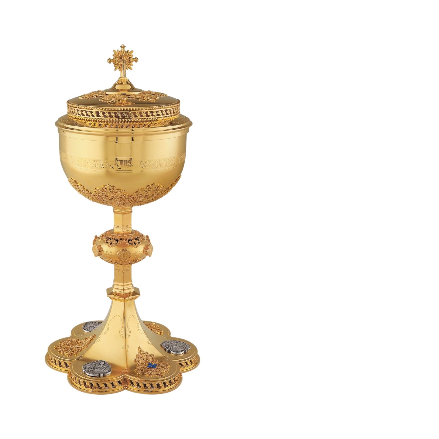 Ciborium neo-gothic style with medallions depicting the Life of Christ and cup inscription: “ECCE AGNUS DEI QUI TOLLIT PECCATA MUNDI” , 12 1/4” Ht. , 250 Hosts Sold by The Clergy Store