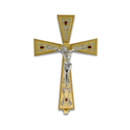 Processional Cross with pole Four purple crystals in gold plated finish. Made in Italy and sold by The Clergy Store