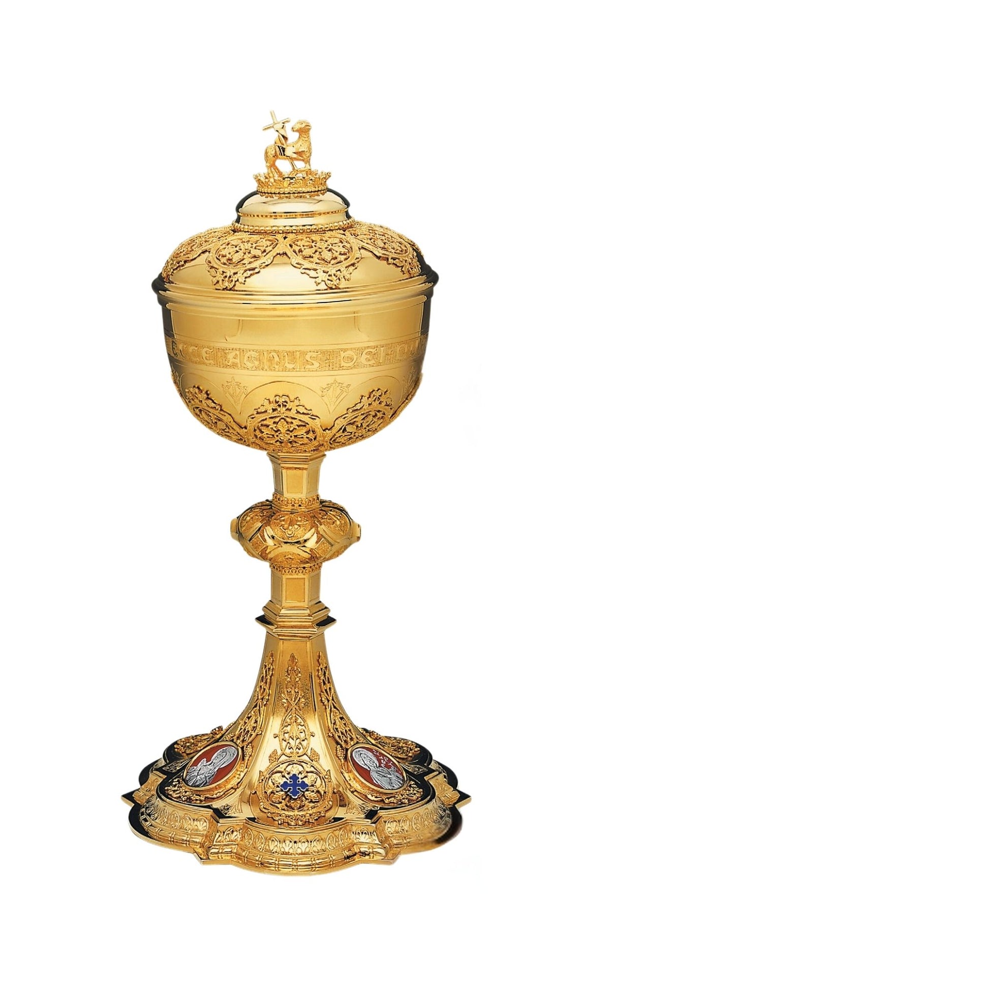 Ciborium with cup inscription: “ECCE AGNUS DEI QUI TOLLIT PECCATA MUNDI” , 11 1/2” Ht. sold by The Clergy Store