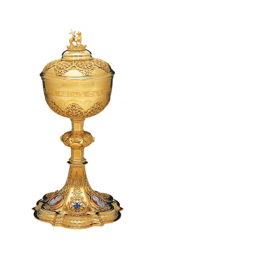 Ciborium with cup inscription: “ECCE AGNUS DEI QUI TOLLIT PECCATA MUNDI” , 11 1/2” Ht. sold by The Clergy Store