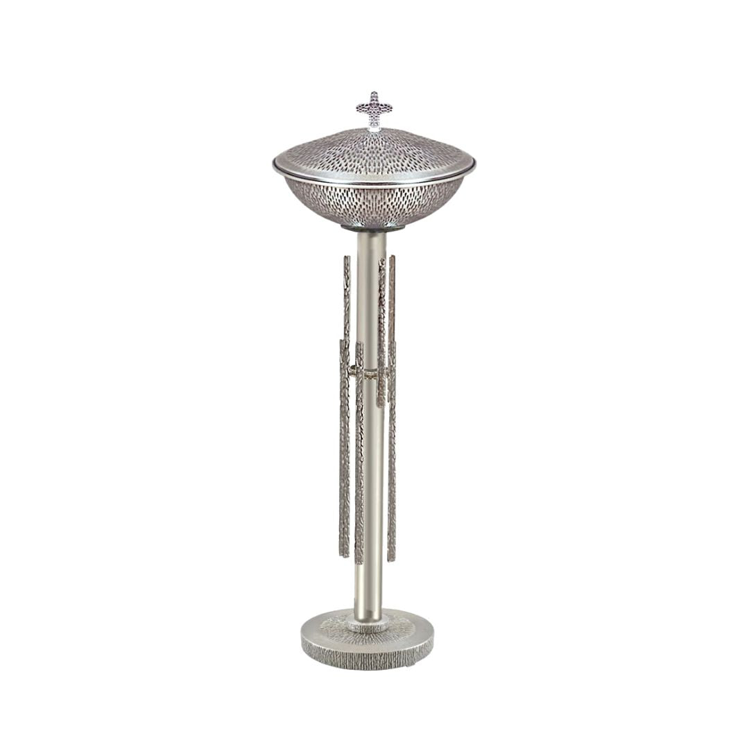 Altar baptismal font hammered silver finish with stand. Made in Italy and sold by The Clergy Store