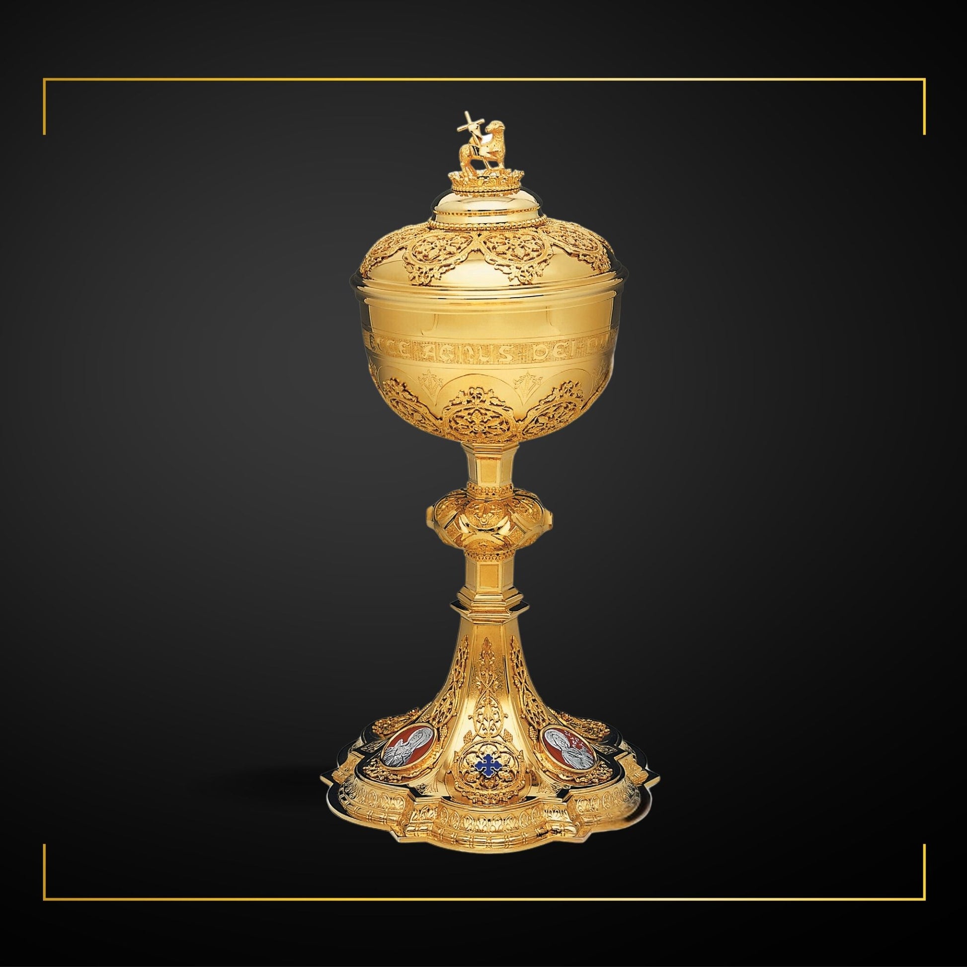 Ciborium with cup inscription: “ECCE AGNUS DEI QUI TOLLIT PECCATA MUNDI” , 11 1/2” Ht. sold by The Clergy Store