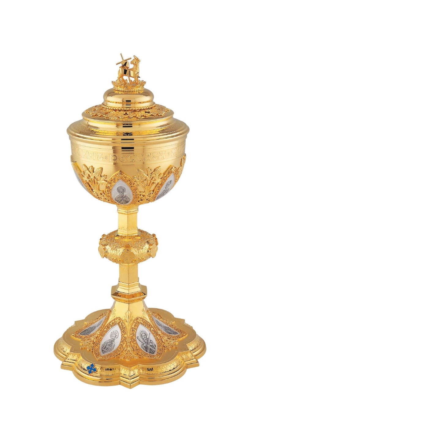 Ciborium in neo-gothic style with medallions of the Twelve Apostles and cup inscription:  “ECCE AGNUS DEI QUI TOLLIT  PECCATA  MUNDI” ,  12” Ht. Sold by The Clergy Store