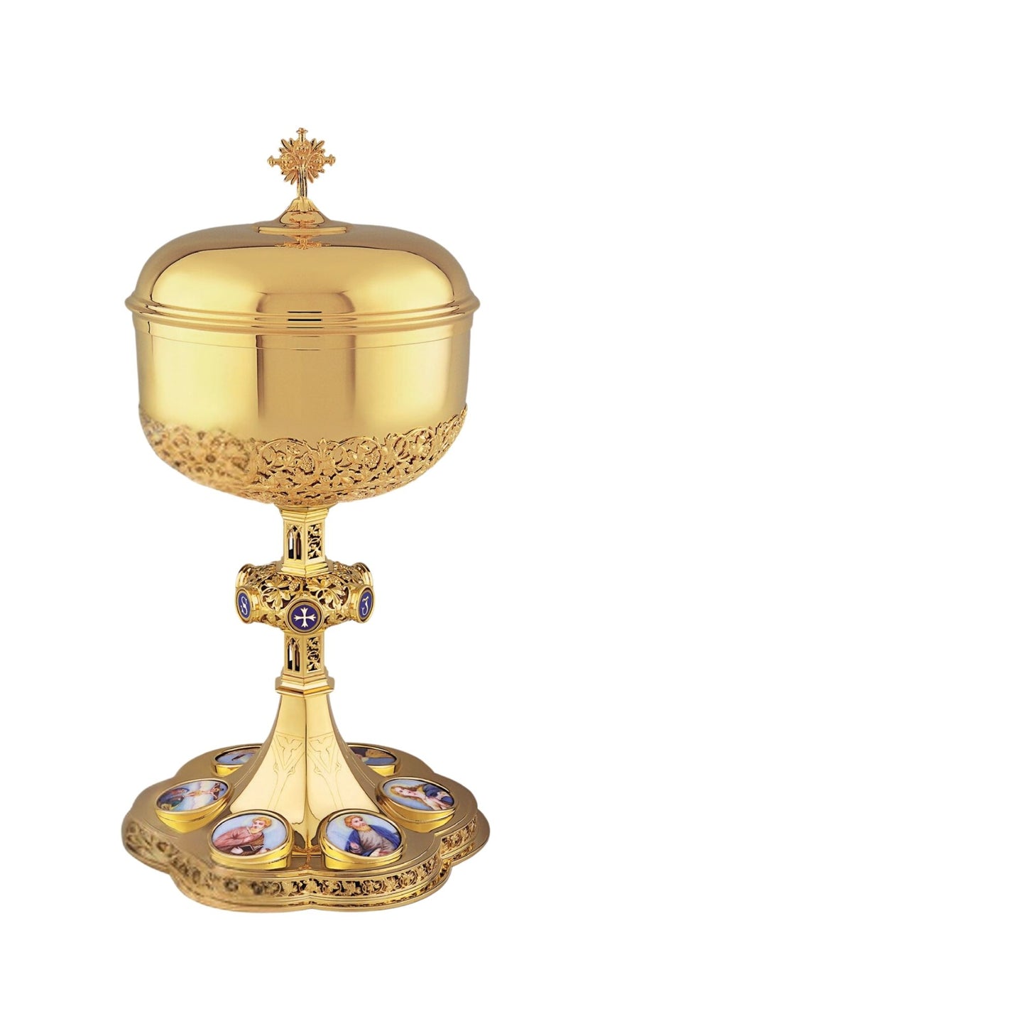 Ciborium in neo-gothic style with medallions of the Four Evangelists, the Mother of  God and the Crucifixion 12 1/4" Ht. Sold by The Clergy Store