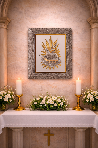 Bronze wall tabernacle with  Lamb of God design in a silver two tone finish. Made in Italy and sold by The Clergy Store