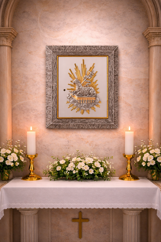 Bronze wall tabernacle with  Lamb of God design in a silver two tone finish. Made in Italy and sold by The Clergy Store