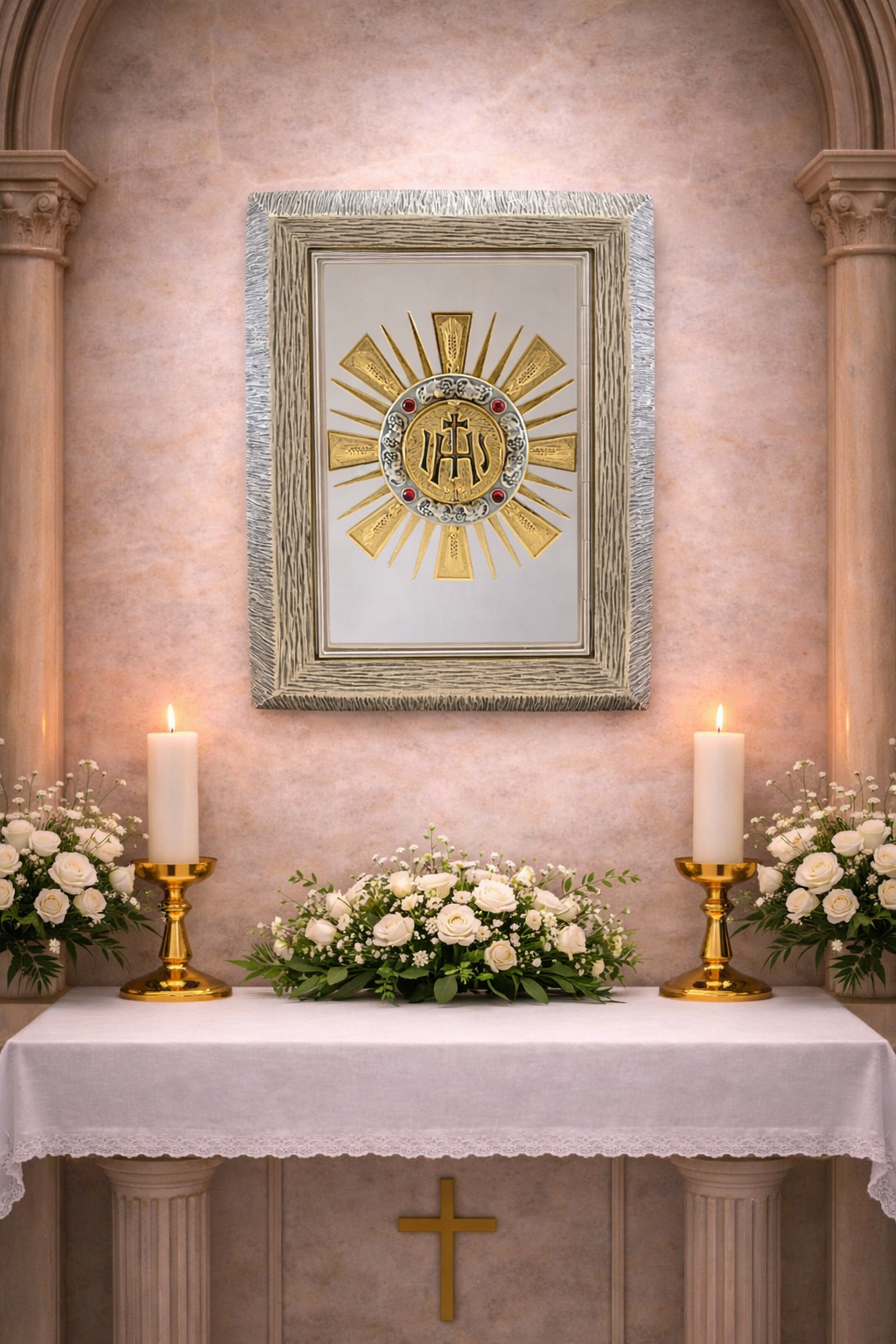 Bronze wall tabernacle with  a IHS design in a silver two tone finish. Made in Italy and sold by The Clergy Store