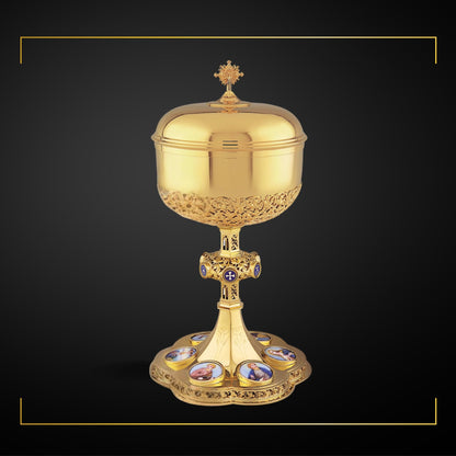 Ciborium in neo-gothic style with medallions of the Four Evangelists, the Mother of  God and the Crucifixion 12 1/4" Ht. Sold by The Clergy Store