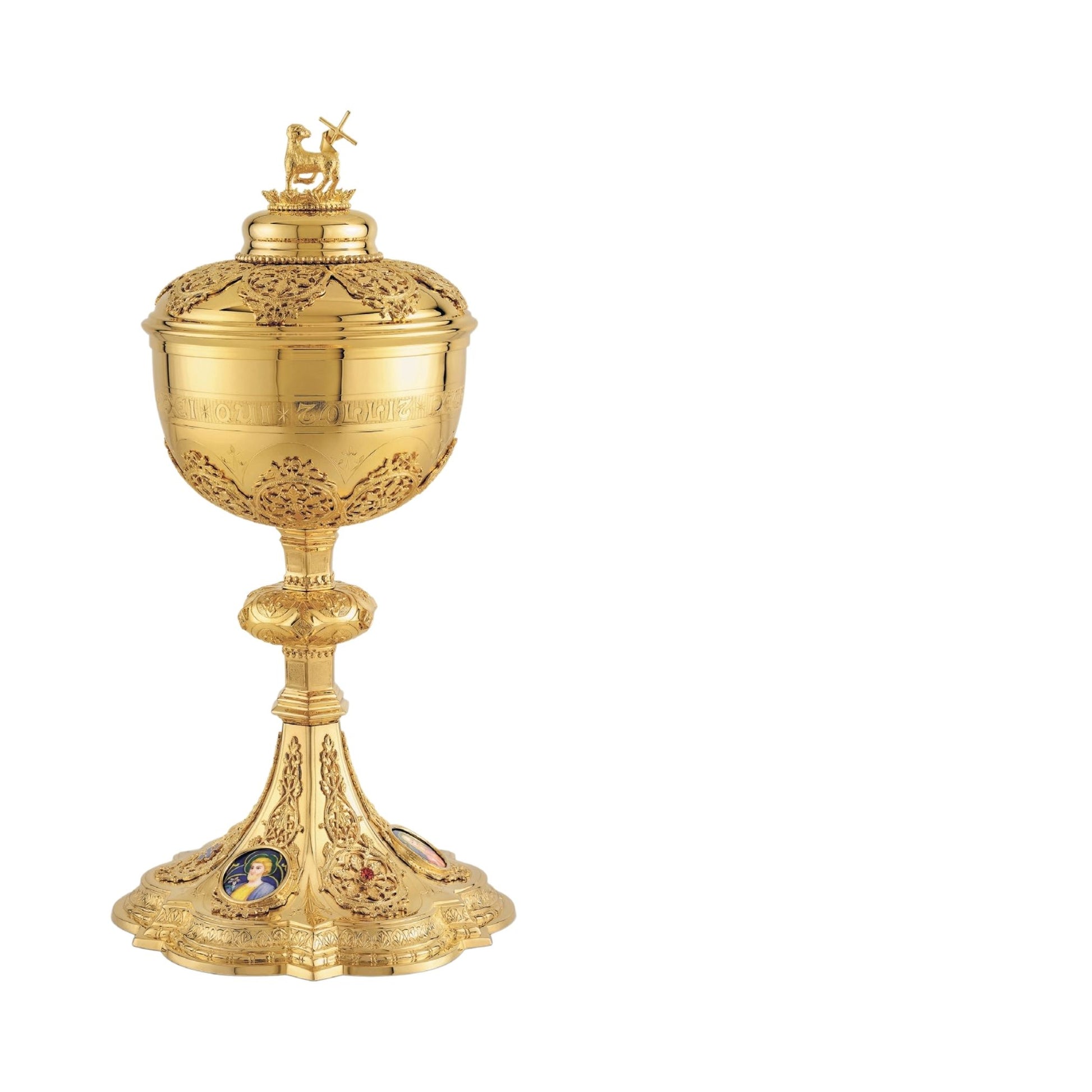 Ciborium in neo-gothic style with enameled medallions of the Holy Family and cup inscription: “ECCE AGNUS DEI QUI TOLLIT PECCATA MUNDI” , 11 1/2” Ht. , 200 Hosts. Sold by The Clergy Store