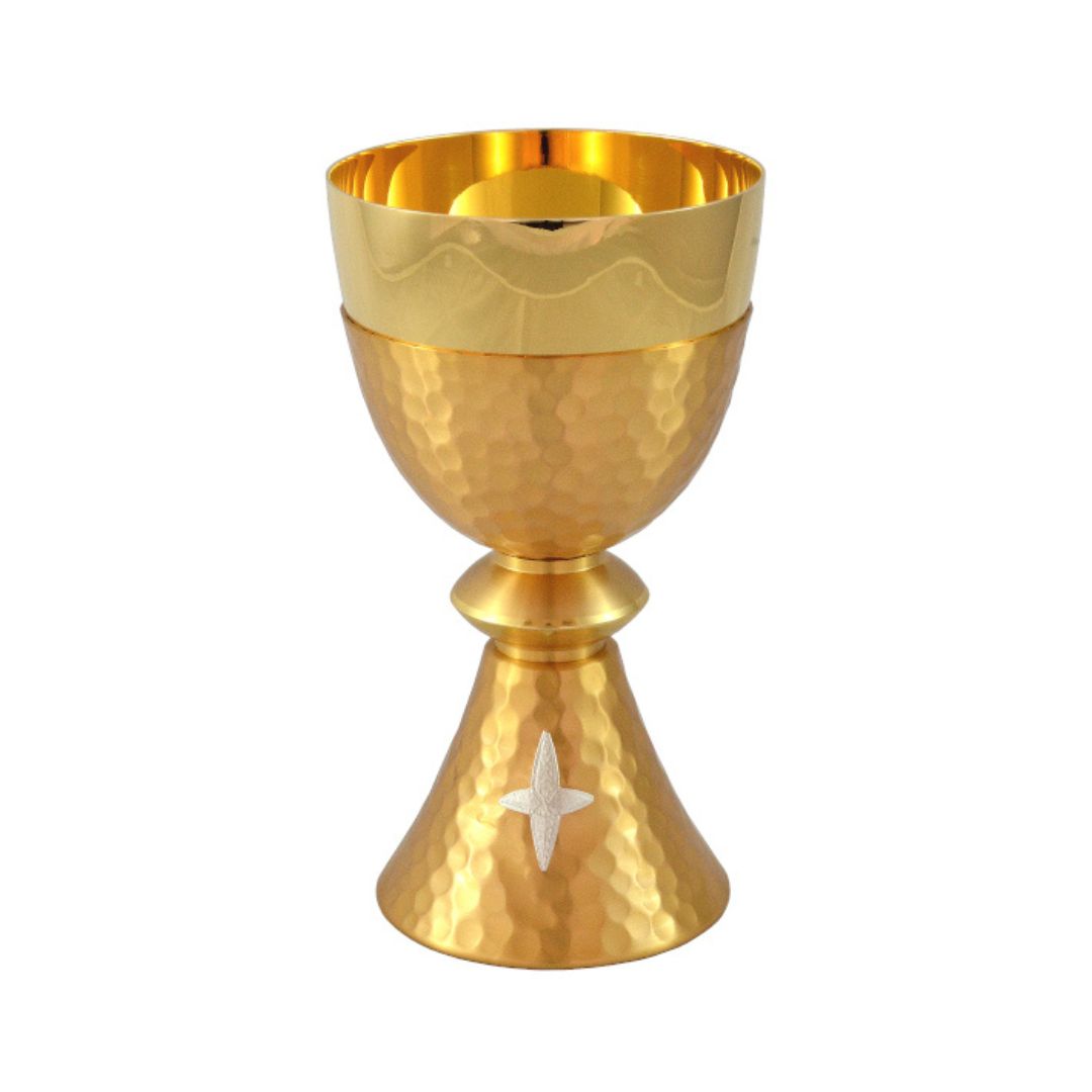 Chalice in Silver or Gold hammered finish with cross emblem. 24K Gold plated cup. Made in Italy