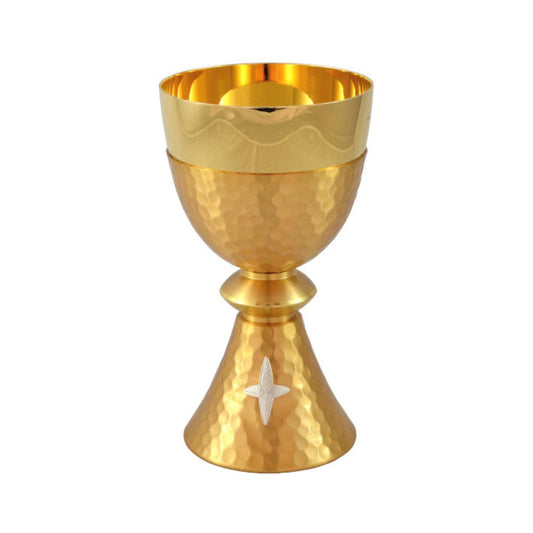 Chalice in Silver or Gold hammered finish with cross emblem. 24K Gold plated cup. Made in Italy