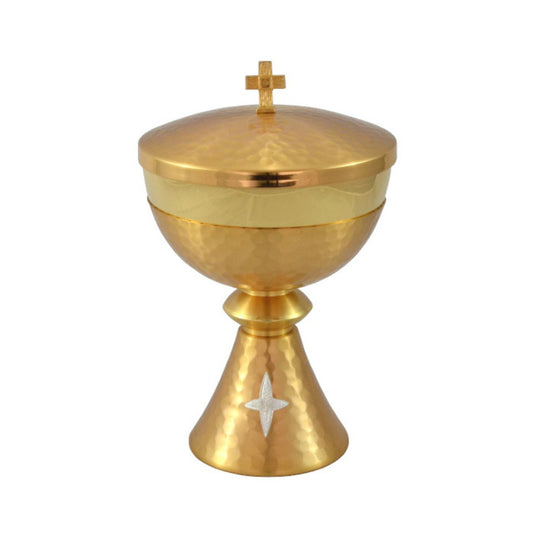 Ciborium in Silver or Gold hammered finish with cross emblem. 24K Gold plated cup. Made in Italy