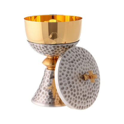 Ciborium in Silver or Gold hammered finish with cross emblem. 24K Gold plated cup. Made in Italy