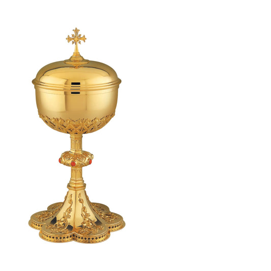 Ciborium in neo-gothic style with elaborate floral design 8 5/8” 
Ht. Sold by The Clergy Store