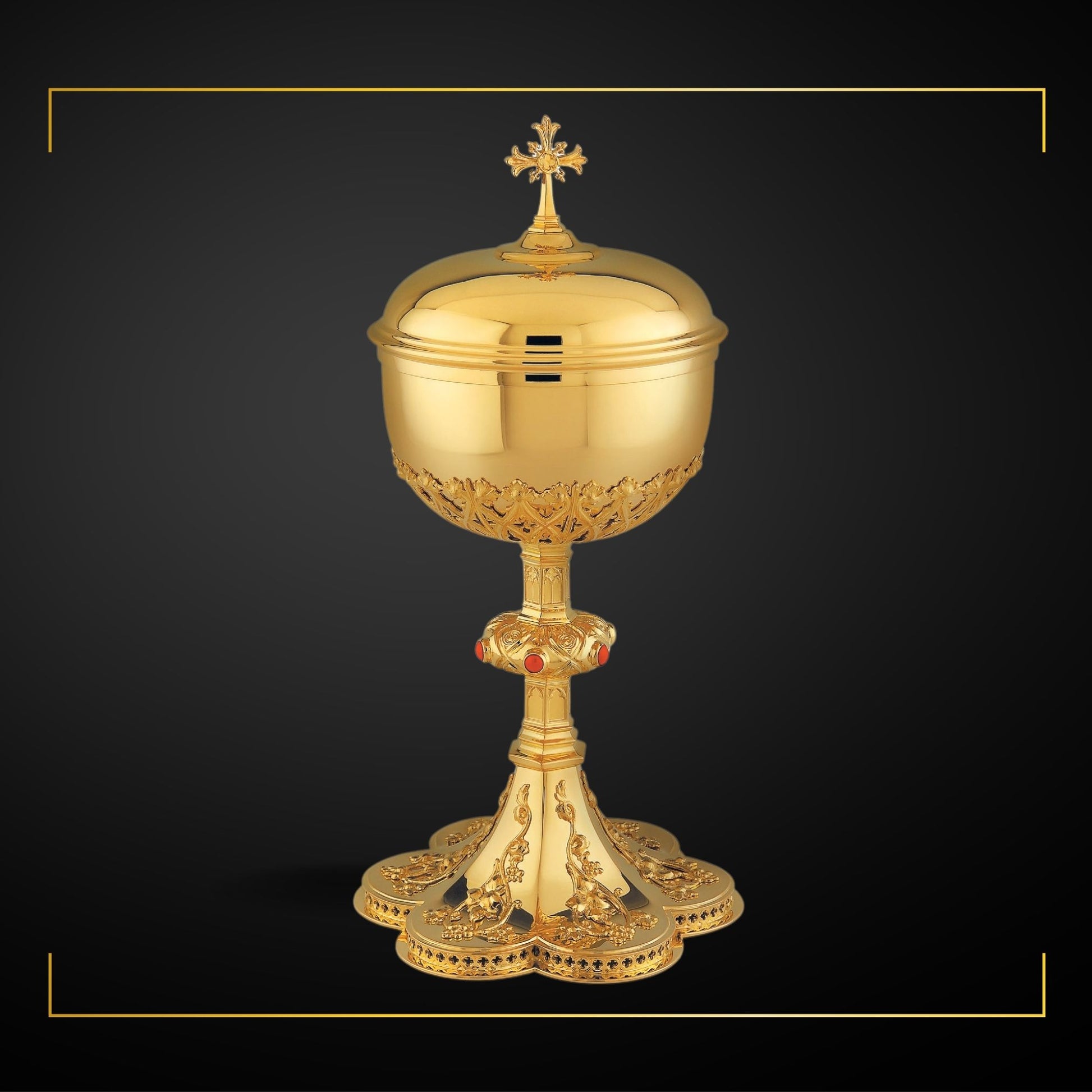 Ciborium in neo-gothic style with elaborate floral design 8 5/8” 
Ht. Sold by The Clergy Store