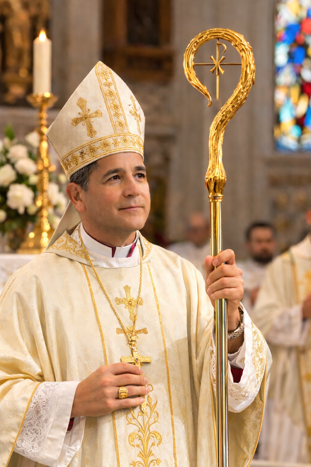 Ornate Catholic bishop crozier pastoral staff with decorative crook and gold detailing used during episcopal liturgical celebrations.