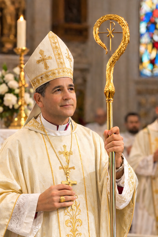 Ornate Catholic bishop crozier pastoral staff with decorative crook and gold detailing used during episcopal liturgical celebrations.