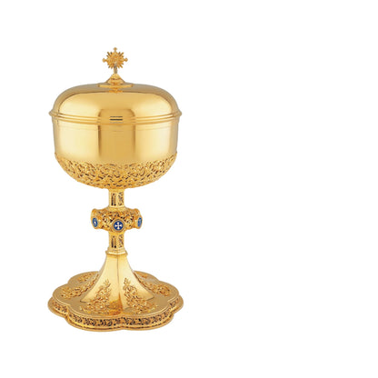 Ciborium neo-gothic style with blue enameled letters JESUS on node, 12 14" Ht. Sold by The Clergy Store