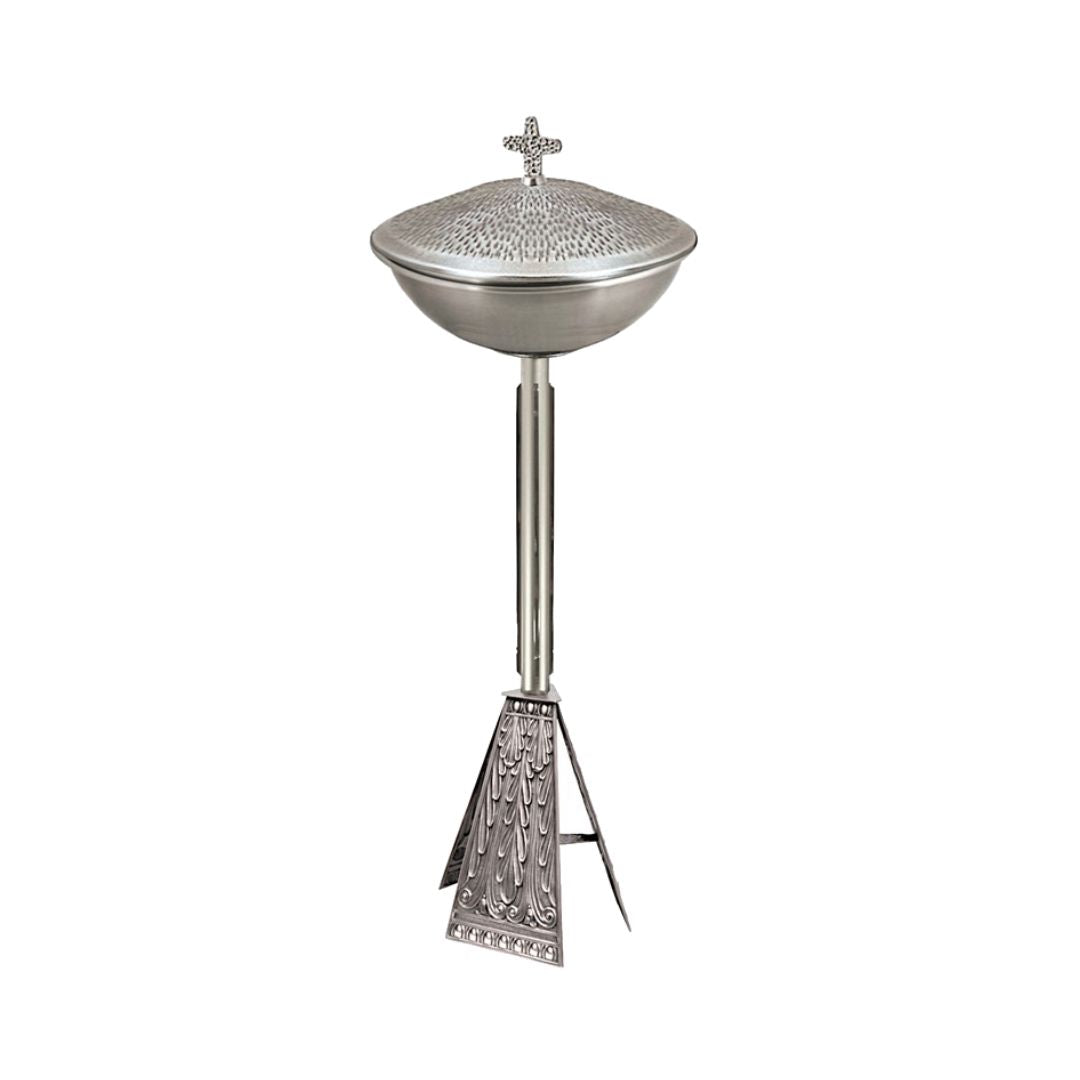Altar baptismal font hammered silver finish with stand. Made in Italy and sold by The Clergy Store