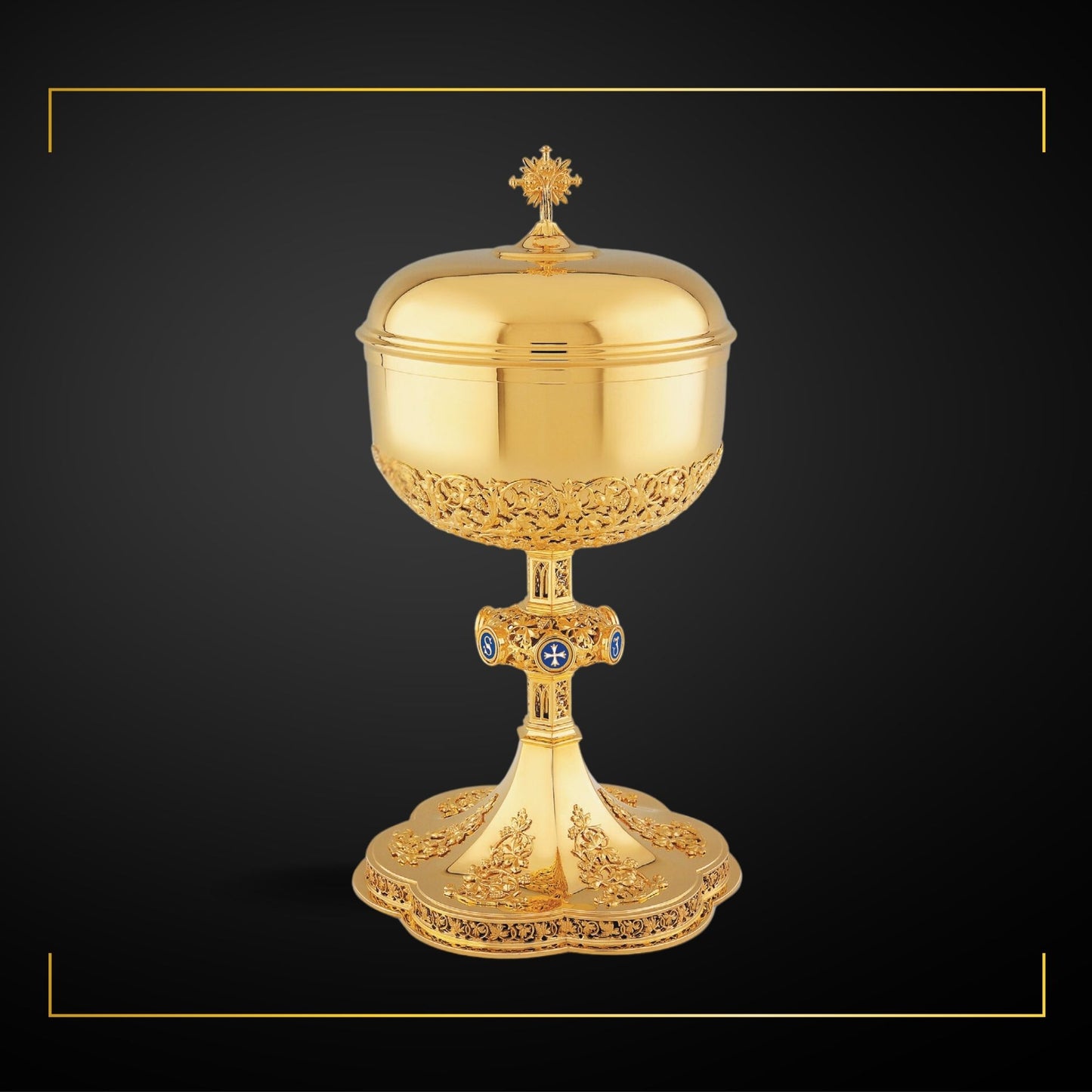 Ciborium neo-gothic style with blue enameled letters JESUS on node, 12 14" Ht. Sold by The Clergy Store