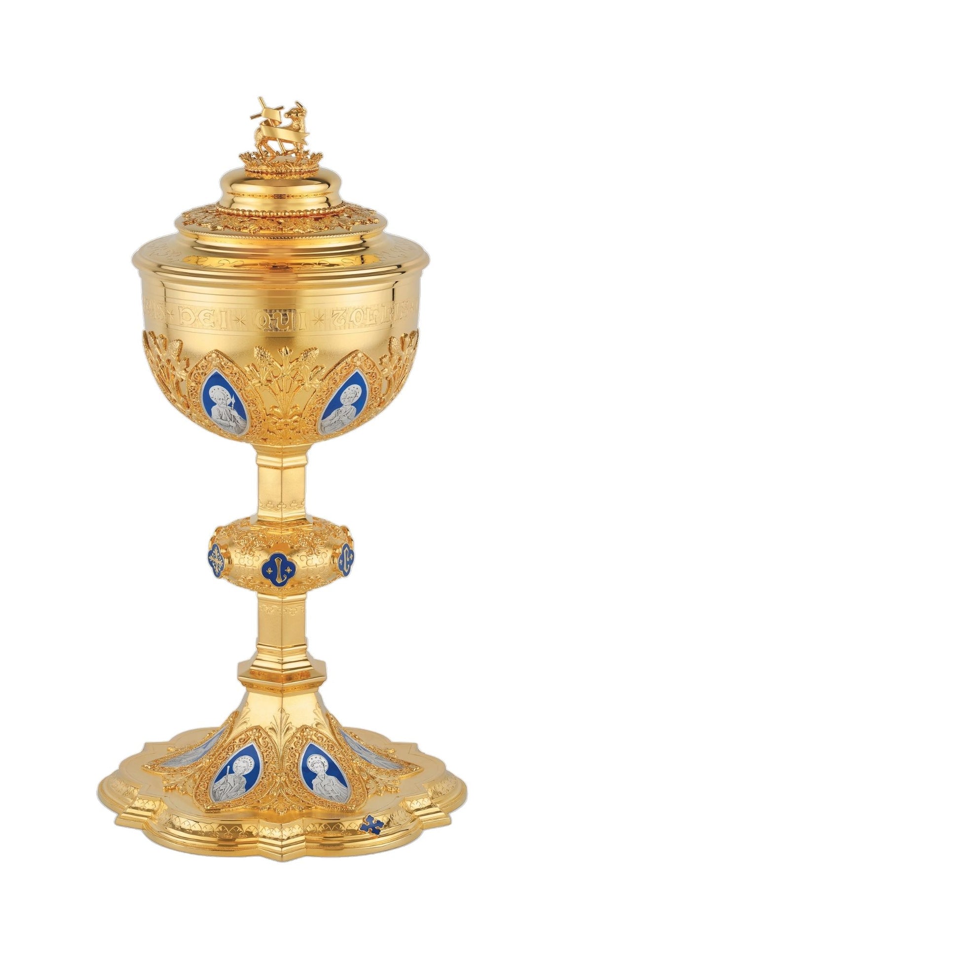 Ciborium in neo-gothic style with enameled medallions of the Twelve Apostles and cup inscription: “ECCE AGNUS DEI QUI 
TOLLIT PECCATA MUNDI” , 12” Ht. 200  Hosts. Sold by The Clergy Store