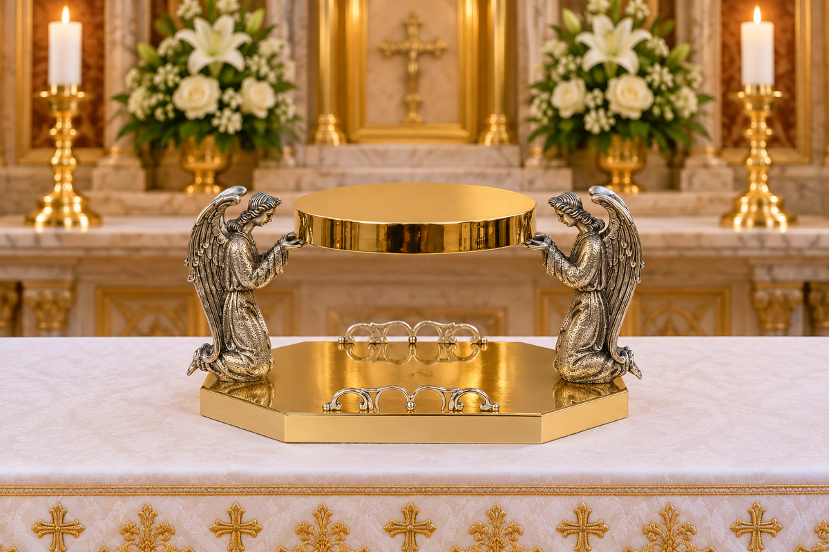 Thabor for monstrance brass gold plated with  2 Angels. Made in Italy and sold by The Clergy Store