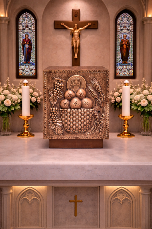 Bronze tabernacle with ears of wheat, grapes and loaves in a copper finish. Made in Italy and sold by The Clergy Store