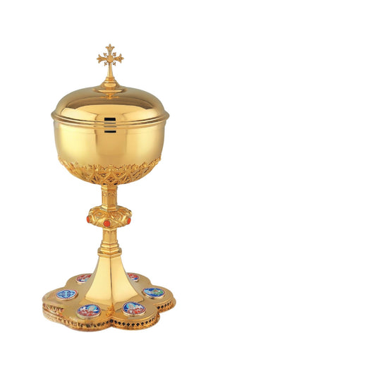 Ciborium in neo-gothic style with enameled medallions of Jesus, the Four Evangelists and a cross symbol. 11 3/4" Ht. Sold by The Clergy Store