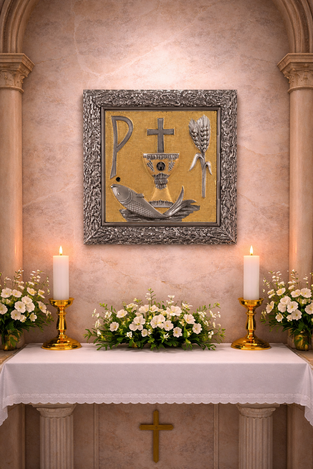 Wall tabernacle with Chi Rho, Chalice, Fish and Ears of Wheat. Silver two tone finish. Made in Italy and sold by The Clergy Store