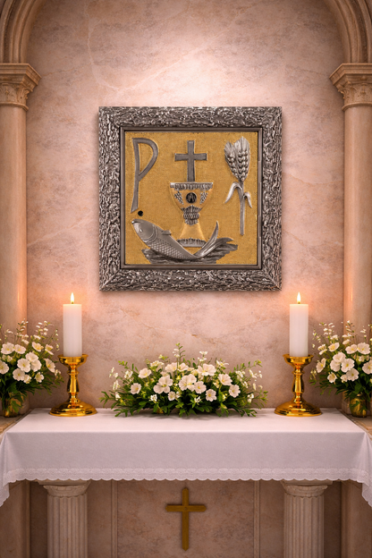 Wall tabernacle with Chi Rho, Chalice, Fish and Ears of Wheat. Silver two tone finish. Made in Italy and sold by The Clergy Store