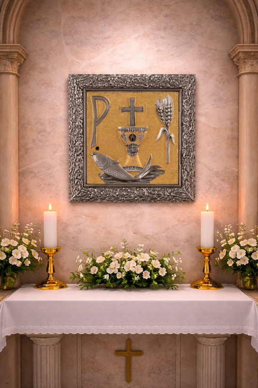 Wall tabernacle with Chi Rho, Chalice, Fish and Ears of Wheat. Silver two tone finish. Made in Italy and sold by The Clergy Store