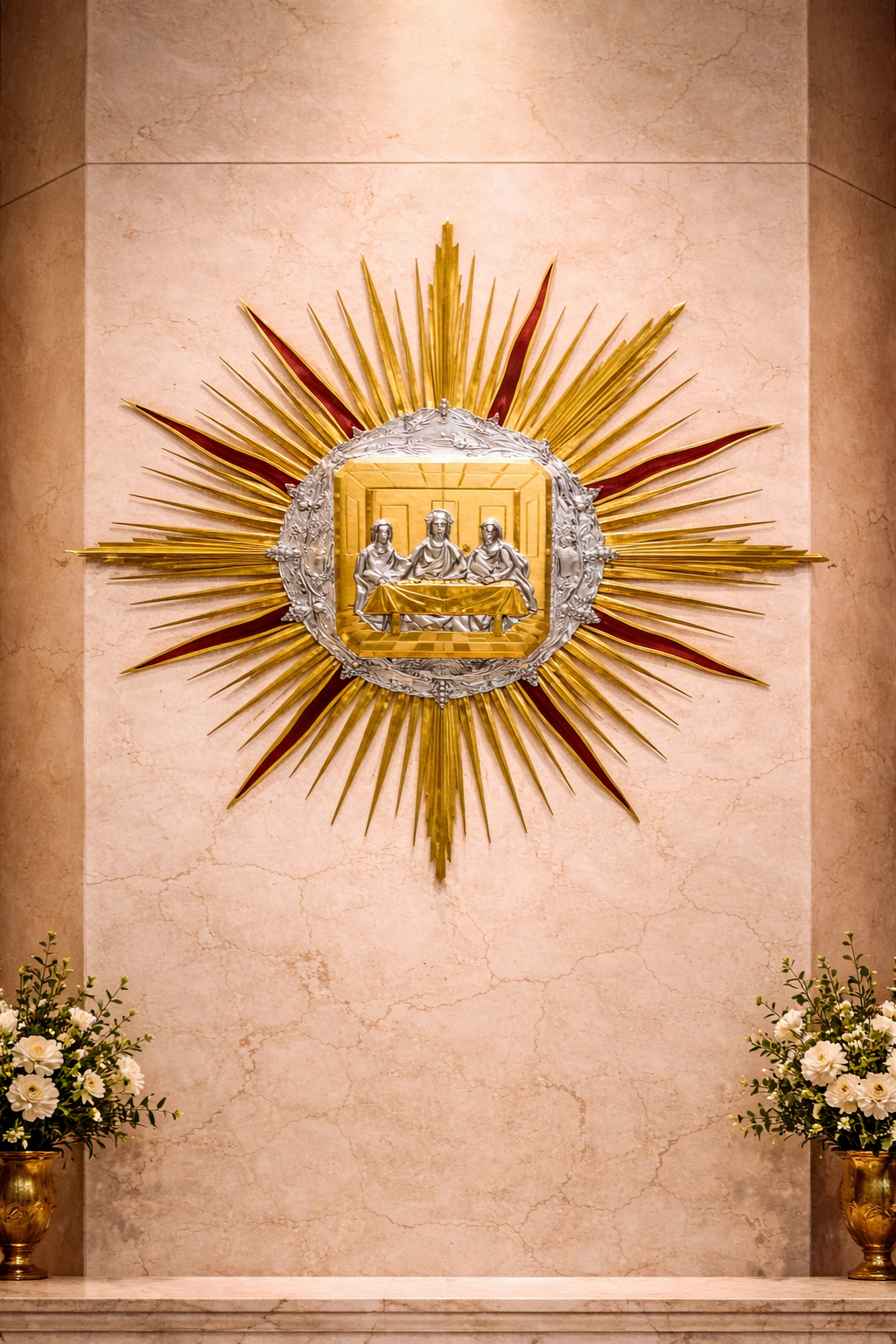 Decorative wall tabernacle with a sunburst design and Last Supper image Made in Italy