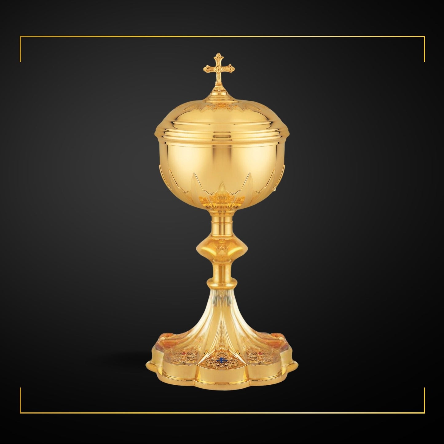 Ciborium in neo-gothic style inspired by French chalices from the late 19th and the early 20th centuries. 12 1/4" Ht. Sold by The Clergy Store