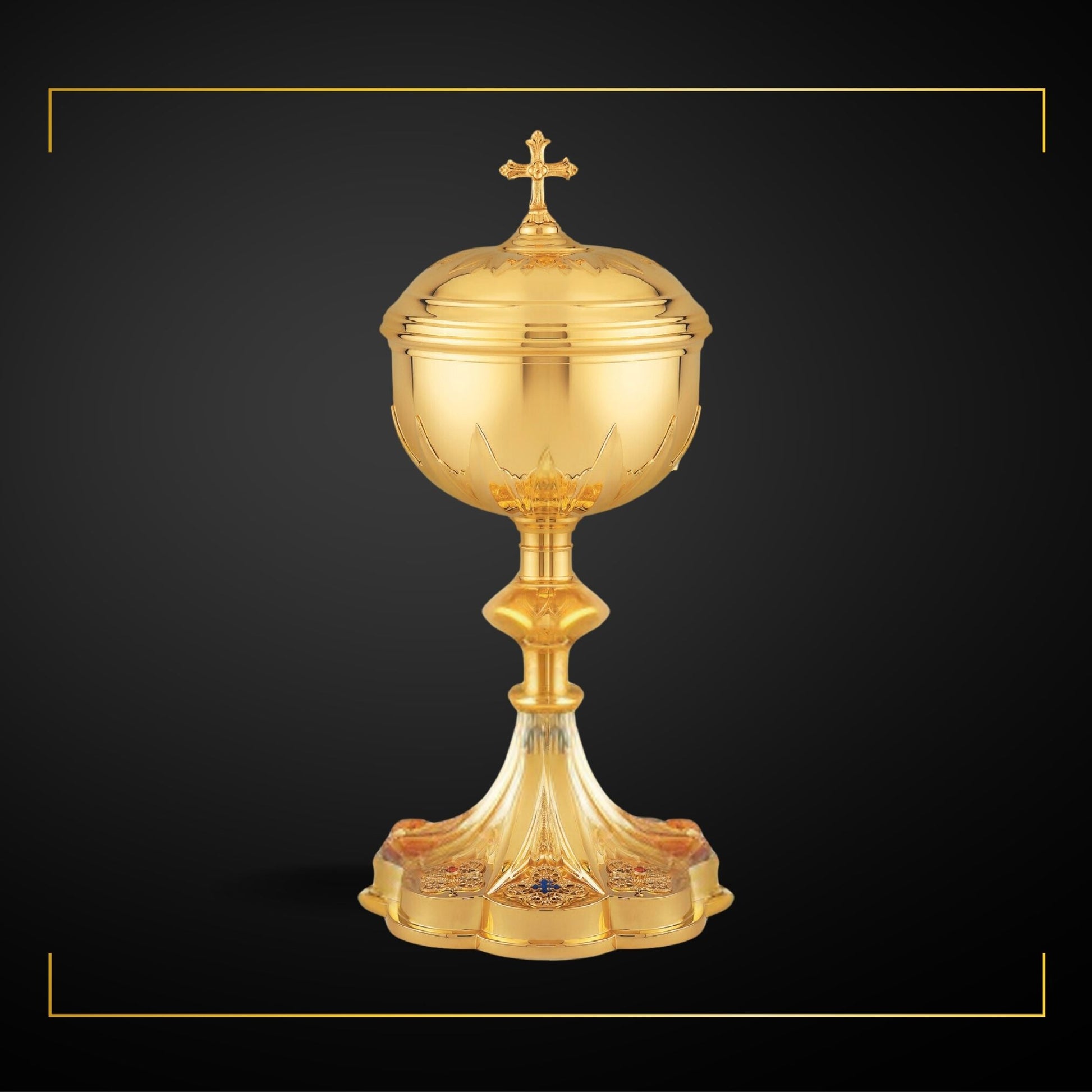 Ciborium in neo-gothic style inspired by French chalices from the late 19th and the early 20th centuries. 12 1/4" Ht. Sold by The Clergy Store