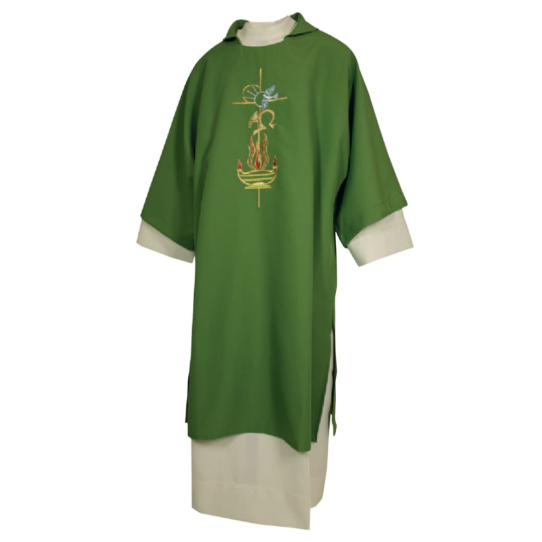 Deacon Dalmatic Alpha Omega, Flame and Dove green Made in Italy and sold by The Clergy Store