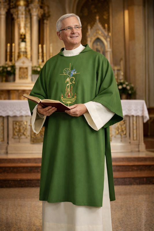 Deacon wearing a green dalmatic in a church holding a book with a decorative cover