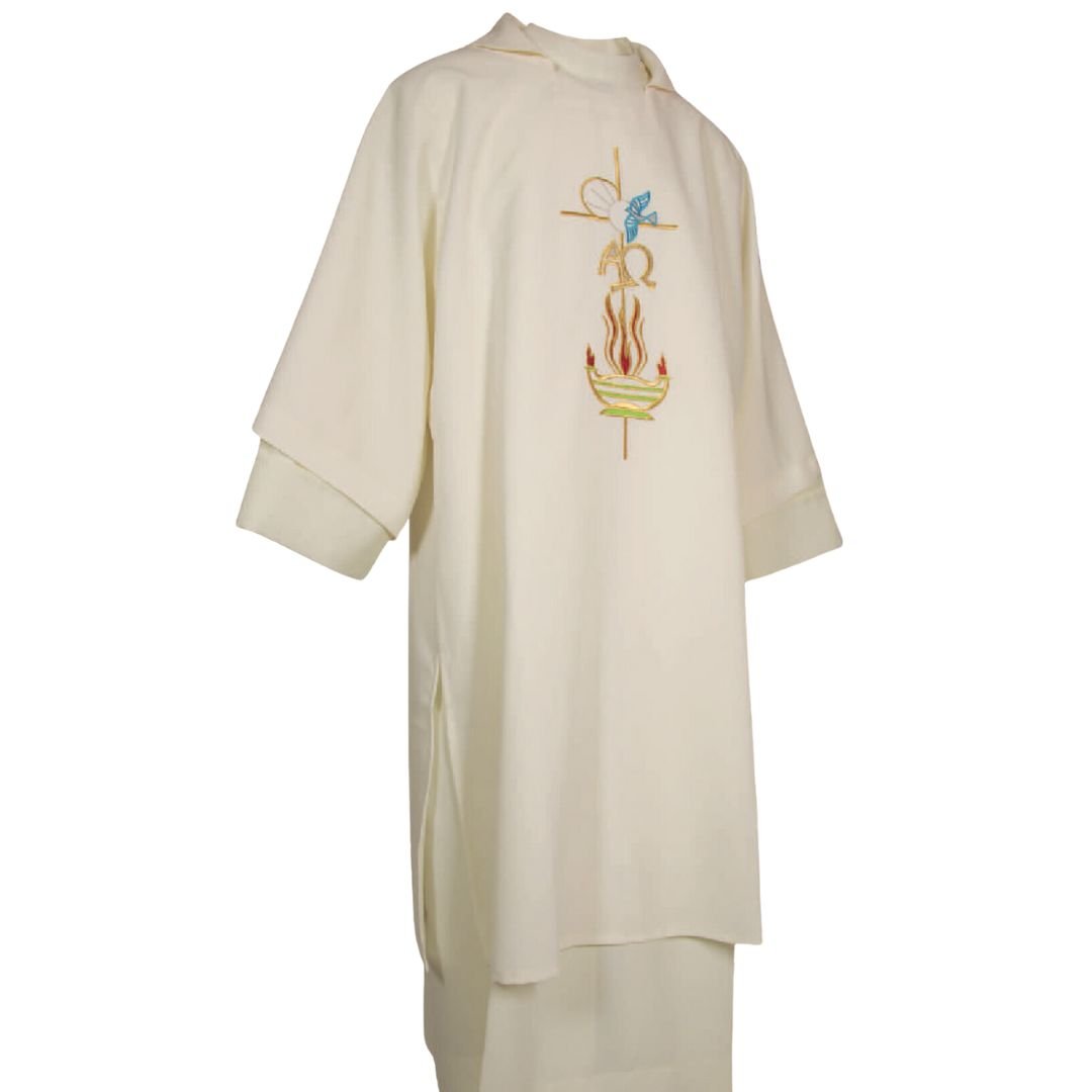 Deacon Dalmatic Alpha Omega, Flame and Dove ivory Made in Italy and sold by The Clergy Store