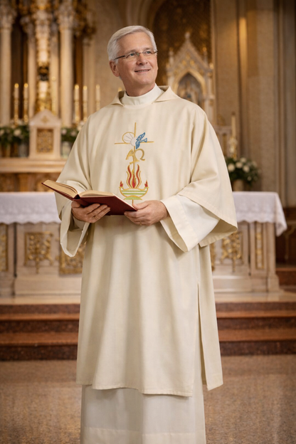 Deacon wearing a ivory dalmatic in a church holding a book with a decorative cover