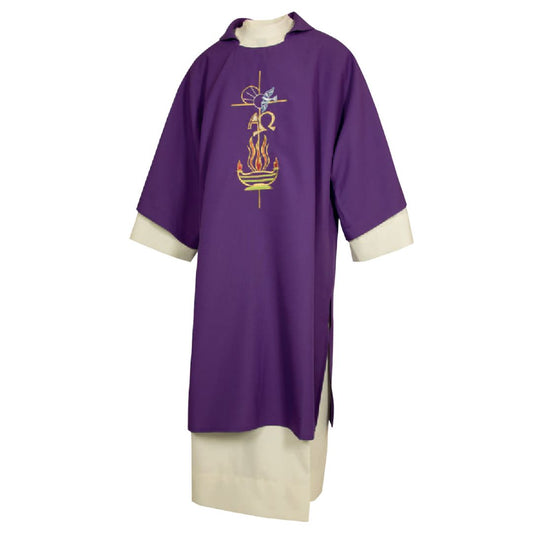 Deacon Dalmatic Alpha Omega, Flame and Dove purple Made in Italy and sold by The Clergy Store